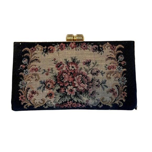 Vintage Box Style Floral Tapestry Carpet Gold Tone Barrel Clasp Clutch Purse - Picture 5 of 5
